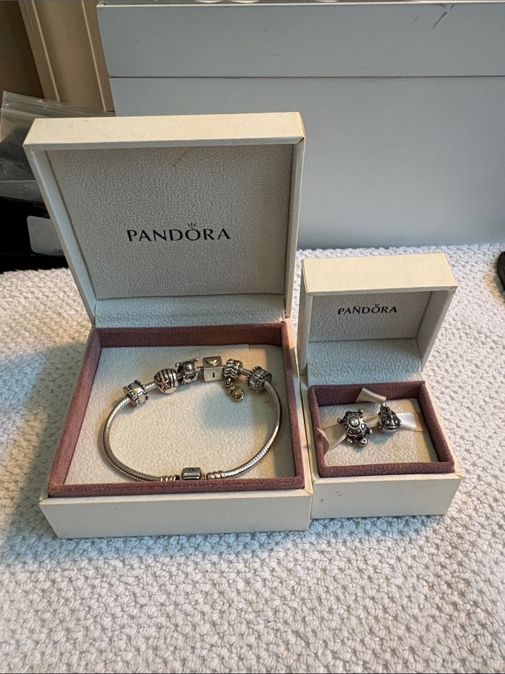 Pandora Silver Charm Bracelet with 6 Charms - Silver and gold